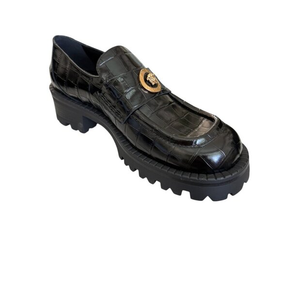 Versace Women’s Black croc-embossed Leather Medusa Mocassino Loafers, sizes - Picture 11 of 16